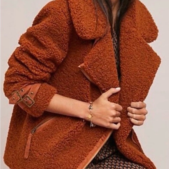 Anthropologie Marrakech sherpa teddy moto jacket rust /bronze color small - Picture 2 of 12